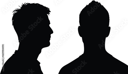 Two Male Head Silhouettes Profile View with Spiky Hair, Frontal View