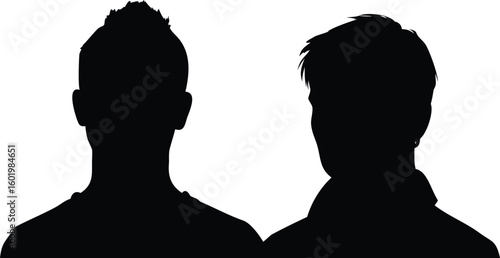 Two Men Head and Shoulder Silhouettes with Different Haircuts, Isolated on White