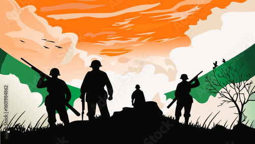 Soldiers standing guard with resolve on independence day silhouette against a tricolor sky with