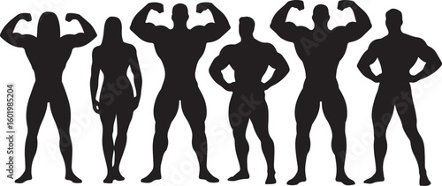 Set of bodybuilders vector silhouettes. Posing muscular