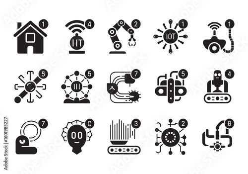 Collection of Smart Technology and Industry 40 Icons Depicting Automation Robotics and Internet of Things Connectivity