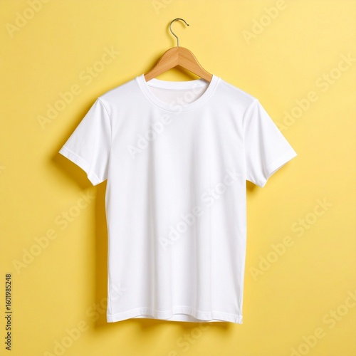 White T Shirt Mockup Hanging on Wooden Hanger with Plain Fabric for Branding and Print Design