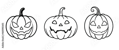 Three grinning jack-o'-lanterns festive Halloween atmosphere seasonal decor and invitations vector illustration