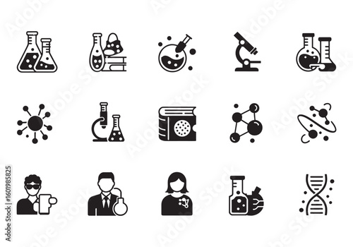 Science and Technology Icons Set Laboratory Equipment Symbols Chemistry Biology and Medical Research Elements Black and White Design