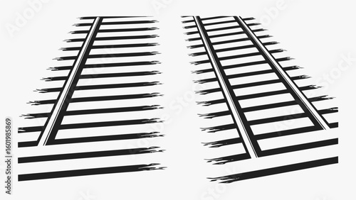 Two sets of black and white train tracks receding into distance