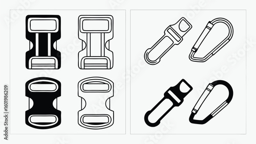 Black and white icons of backpack buckles and carabiners