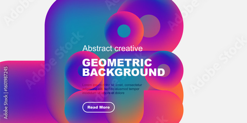 Vibrant abstract shapes dominate black background. Text promotes geometric design, includes sample text, button. Modern, colorful presentation.
