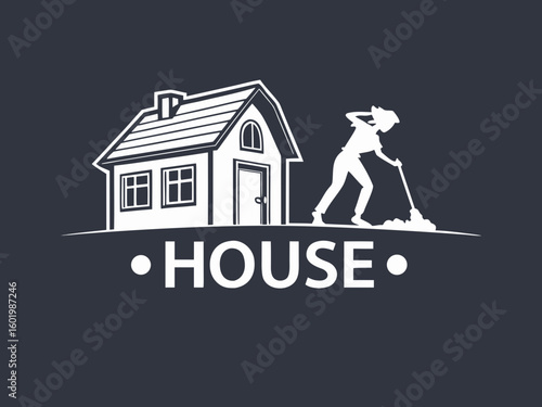 A woman cleans in front of a charming home, symbolizing home maintenance.