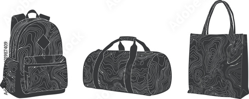 Stylish topographic pattern bags backpack duffel tote bag fashion accessory travel gear design element editable