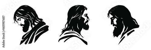 Iconic Jesus Christ profiles in striking black and white silhouettes conveying faith and spiritual reflection vector illustration