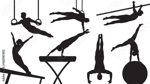 Set silhouettes athletes. Men and women professional gymnasts. Acrobat on sport competition. Strong people with ball and rings. Acrobatic performance icons