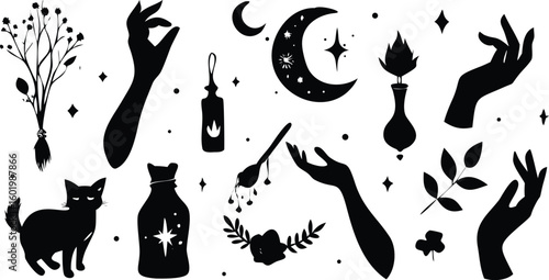Black silhouette elements including cat moon hands and plants