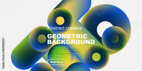 Abstract geometric shapes, vibrant colors, modern design. Text overlay includes geometric background, plus sample text, button. Minimalist aesthetic.