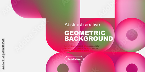 Vibrant geometric shapes overlap black background. Text promotes creative design, includes read more button. Modern, colorful composition.