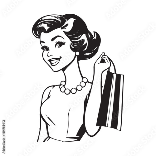 Retro 1950s woman with pearl necklace and striped shopping bag smiling happily