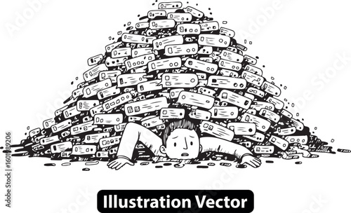Illustration of a person overwhelmed and buried under a huge mountain of video game consoles