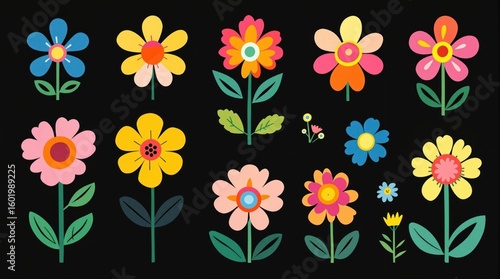 Collection of stylized, colorful floral illustrations against a solid black background
