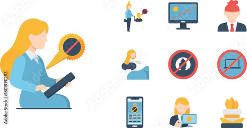 Digital detox concept illustration, unplugging from technology, digital wellbeing, no phone, no internet, limit use editable