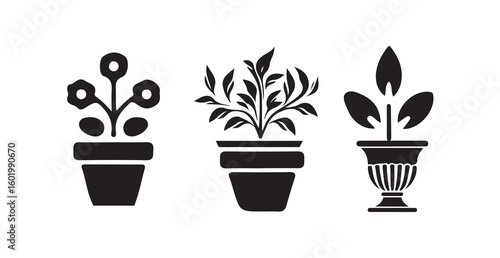Simple potted plant, minimalist design, white background, growth, Elegant Potted Flower Icons  Botanical Vector Set for Eco Design, vector illustration eps 10.