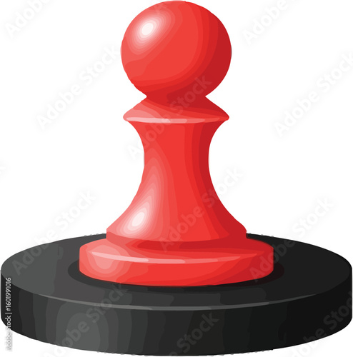 A red chess pawn piece sitting on a circular black base against a white background art