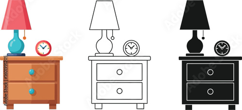 Illustration of nightstand with lamp and clock in color, outline, and silhouette vector design 100 editable