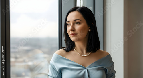 Professional woman with dark hair wearing a light blue off-shoulder dress and pearl necklace looking out of a large window in an office setting with a city view behind her Free Download Professional woman with dark hair wearing a light blue off-shoulder dress and pearl necklace looking out of a large window in an office setting with a city view behind her - GFXLoad