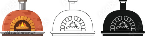 Brick oven vector illustration for pizza and bread baking with fire in color, outline and silhouette editable