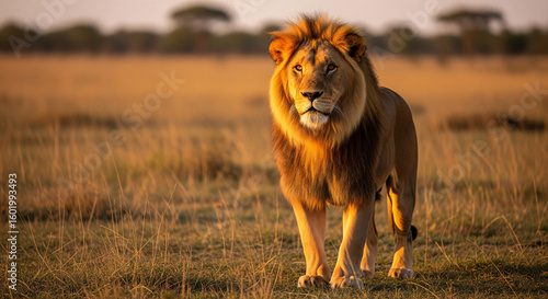 Foto Majestic African Lion Walking in Golden Savannah at Sunset