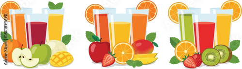 Illustration of three groups of fruit juices with various fruits on a white background