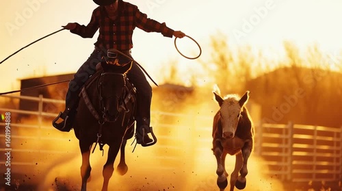 A cowboy on horseback charges toward the camera during a calf roping event at a country rodeo. Dust kicks up as the rope flies, capturing raw western skill, speed, and high-intensity action.