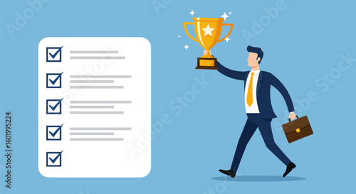 Vector Flat Design Illustration of a Businessman Holding a Trophy While Walking Past a Completed Checklist on a Light Blue Background