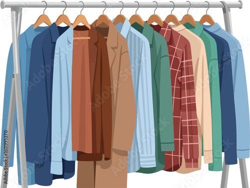 A rack of clothing with various shirts and a suit hanging from wooden hangers on a metal rack