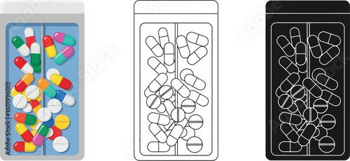 Medicine bottle pills capsules vector illustration healthcare medical treatment pharmacy drugs remedy editable