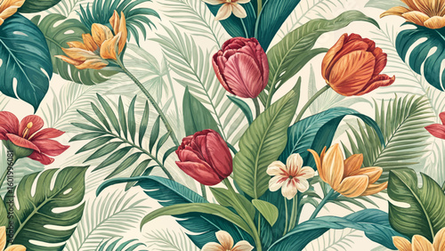 Seamless pattern with background, tulips eaves. Exotic tropical garden vector set for holiday invitations, greeting cards and fashion textile design.