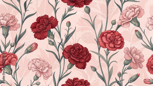Vector illustration pattern of red and pink carnations. Seamless pattern. Pink background. For printing on fabric or wallpaper.