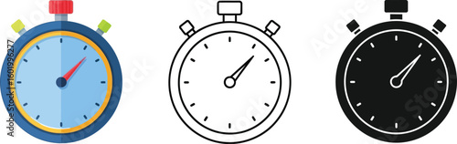 Stopwatch timer icon set vector image for time management and productivity concept flat line and silhouette editable