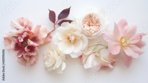 Delicate flowers, varying hues of pink and cream, arranged on a clean white surface