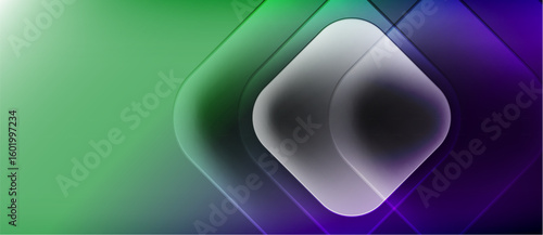 Abstract gradient background. Concentric squares create depth, blending green, purple hues. Soft glow emanates from center. Minimalist design.