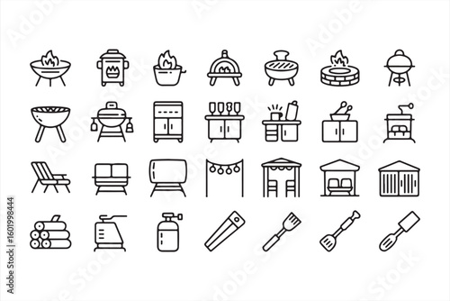 Set of Icons Featuring Grills, Barbecues, Chairs, and Outdoor Furniture