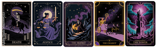 Vector set of vintage tarot cards. The Death, The Hermit, The Tower, The Chariot and The Justice. Mystical, symbolic illustrations perfect for spiritual and esoteric designs.