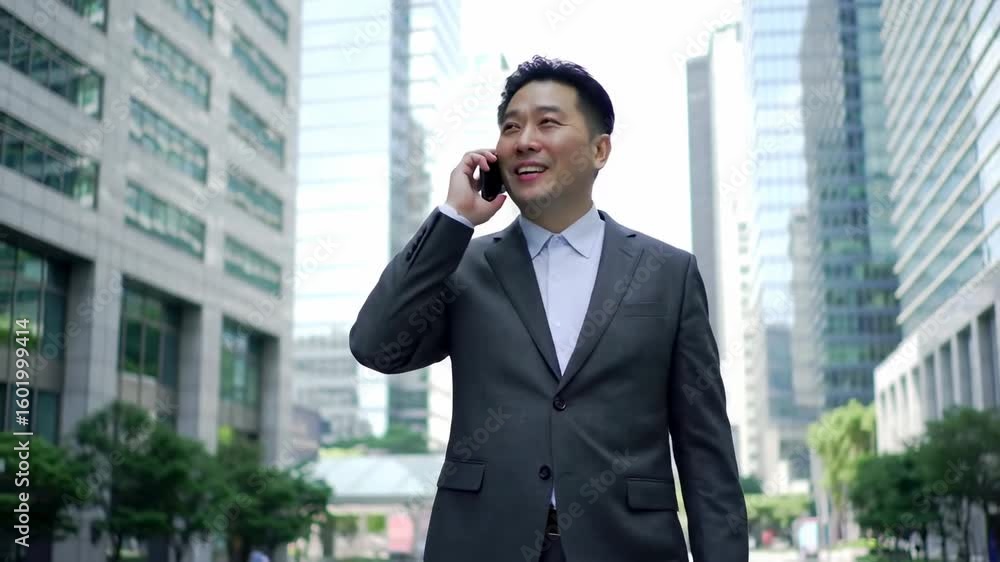 Businessman talking on phone near skyscrapers Businessman talking on phone near skyscrapers