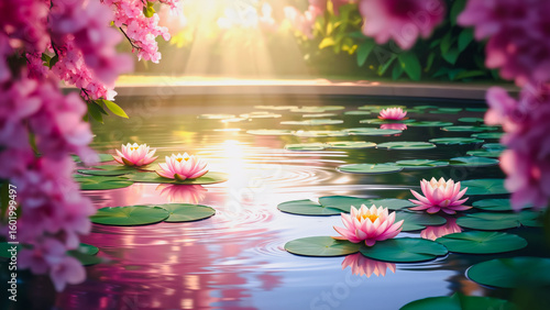 Pink Lotus Pond - Tranquil Reflection, A peaceful pond scene featuring vibrant pink lotus flowers gently floating on the water's surface. 