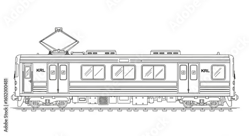 Side profile schematic of a modern electric commuter train. Minimalist line art vector illustration for public transportation design.