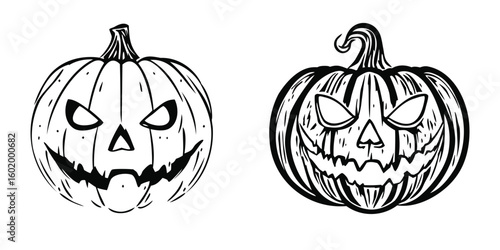 Spooky Jack-o-lanterns with menacing carved faces Halloween party invitations and festive decorations vector illustration