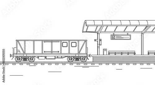 Line art illustration of a freight wagon on railway tracks at a public station platform, symbolizing efficient transport and the essential flow of logistics.
