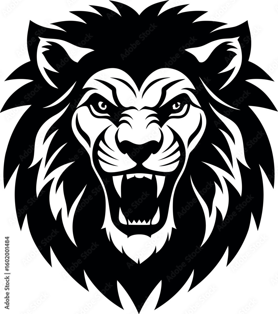Fototapeta premium Front Facing Lion with Fierce Expression Silhouette Vector.