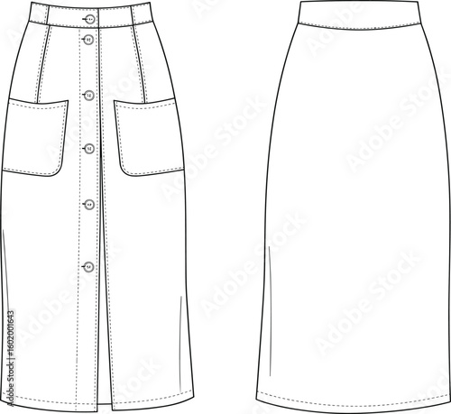 Cad drawing flat vector illustration, button front skirt technical sketch, pocket midi skirt design, apparel fashion template, garment mockup