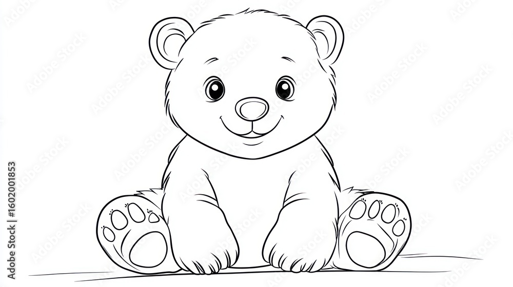 Fototapeta premium A cute, outlined bear cub sitting with its paws out, on a page for coloring for kids, positioned on a plain white background. coloring book page