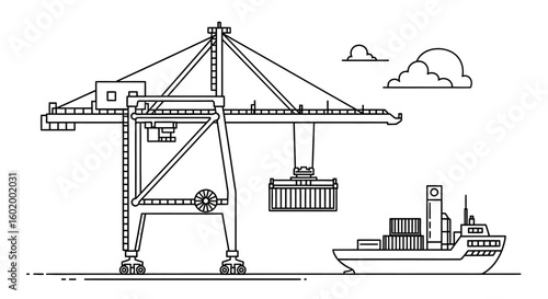 Line art illustration of a harbor crane loading a shipping container onto a cargo vessel at an industrial seaport