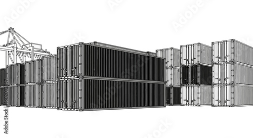 Black and white line art illustration of shipping containers at an industrial port. Concept of global logistics, trade, and freight transportation.